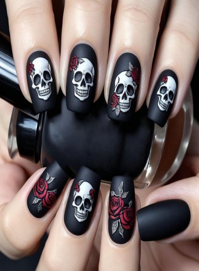 OCOUYVD Halloween Press on Nails Skull & Rose False Nails Designs Short Square Fake Nail Black Matte Full Cover Acrylic Nails Halloween Artificial Stick on Nail for Women Art Manicure 24 Pcs - Image 1